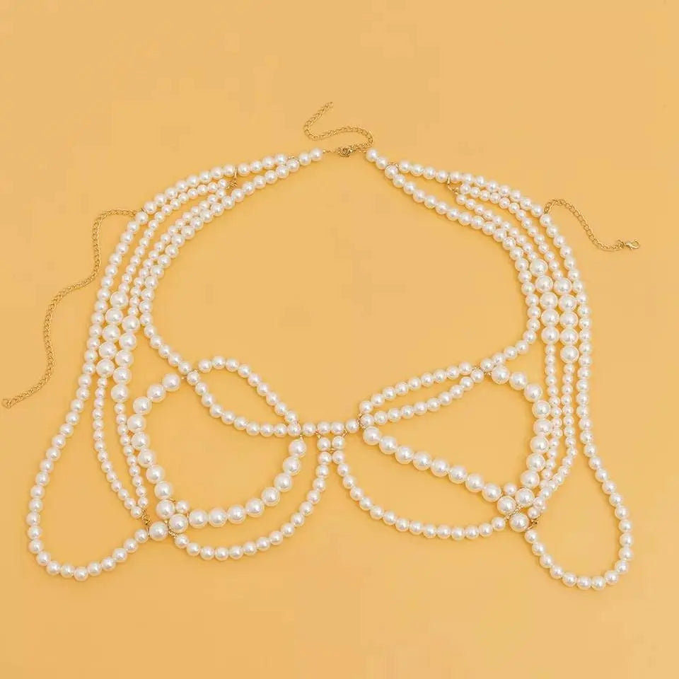 Imitation Pearls Chest Body Chain Jewelry for Women Teen Girls Handmade Pearl Tassel Bra Waist Set JettsJewelers