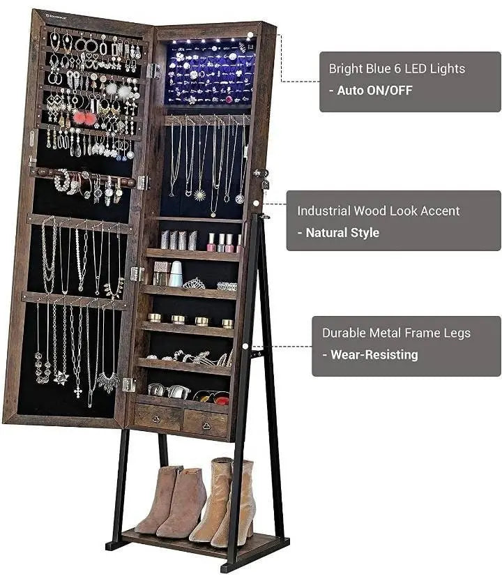 Industrial Mirror Jewelry Cabinet Armoire,6 LEDs Mirrored Jewelry Storage, Wood Look with Stable Metal Frame, Easy Assembly, Rustic Brown JettsJewelers