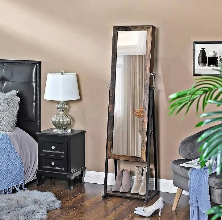 Industrial Mirror Jewelry Cabinet Armoire,6 LEDs Mirrored Jewelry Storage, Wood Look with Stable Metal Frame, Easy Assembly, Rustic Brown JettsJewelers