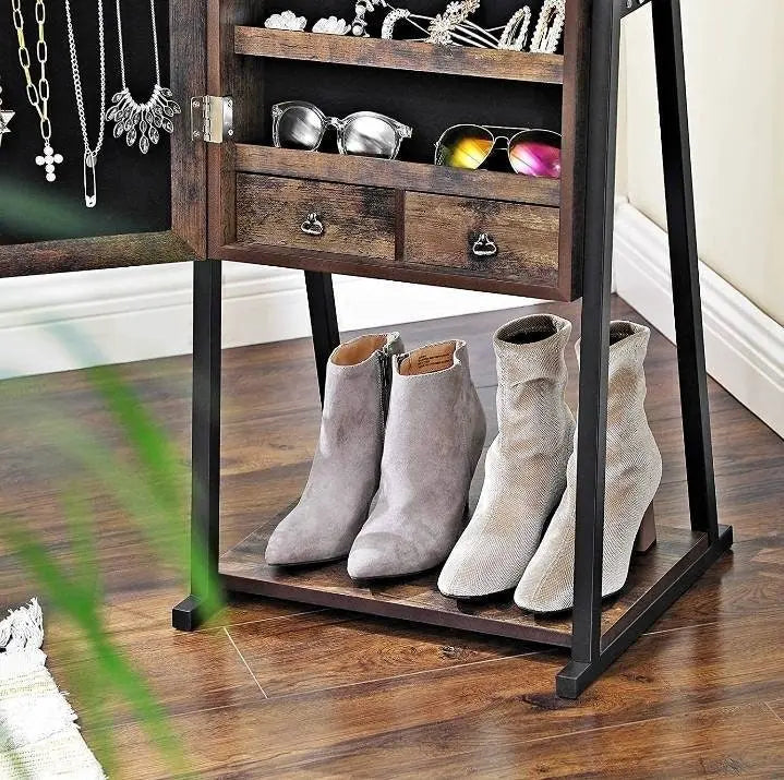 Industrial Mirror Jewelry Cabinet Armoire,6 LEDs Mirrored Jewelry Storage, Wood Look with Stable Metal Frame, Easy Assembly, Rustic Brown JettsJewelers