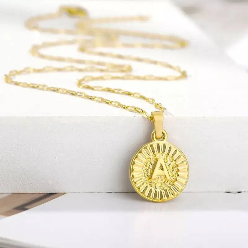 Initial 18k Gold Coin Necklace, Coin Letter Necklace, Monogram Necklace, Initial Circle Necklace For Women Men Gold Pendant Alphabet Charm JettsJewelers