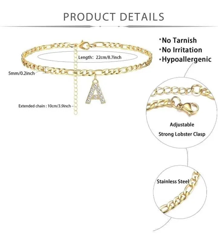 Initial Anklet, Custom Ankle Bracelet, A - Z Crystal Cubic Zirconia Letters Anklet, Leg Gold Chain, Anklebone Beauty, Personalized - JettsJewelers