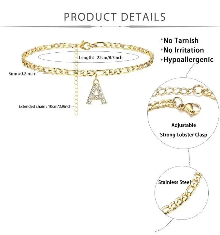Initial Anklet, Custom Ankle Bracelet, A - Z Crystal Cubic Zirconia Letters Anklet, Leg Gold Chain, Anklebone Beauty, Personalized JettsJewelers