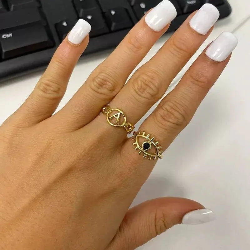 Initial Letter Rings Stainless Steel Gold Adjustable Couple Female Ring Boho Jewelry A-Z JettsJewelers