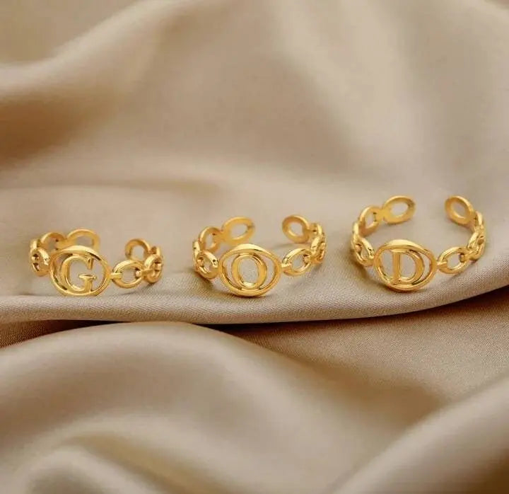 Initial Letter Rings Stainless Steel Gold Adjustable Couple Female Ring Boho Jewelry A-Z JettsJewelers