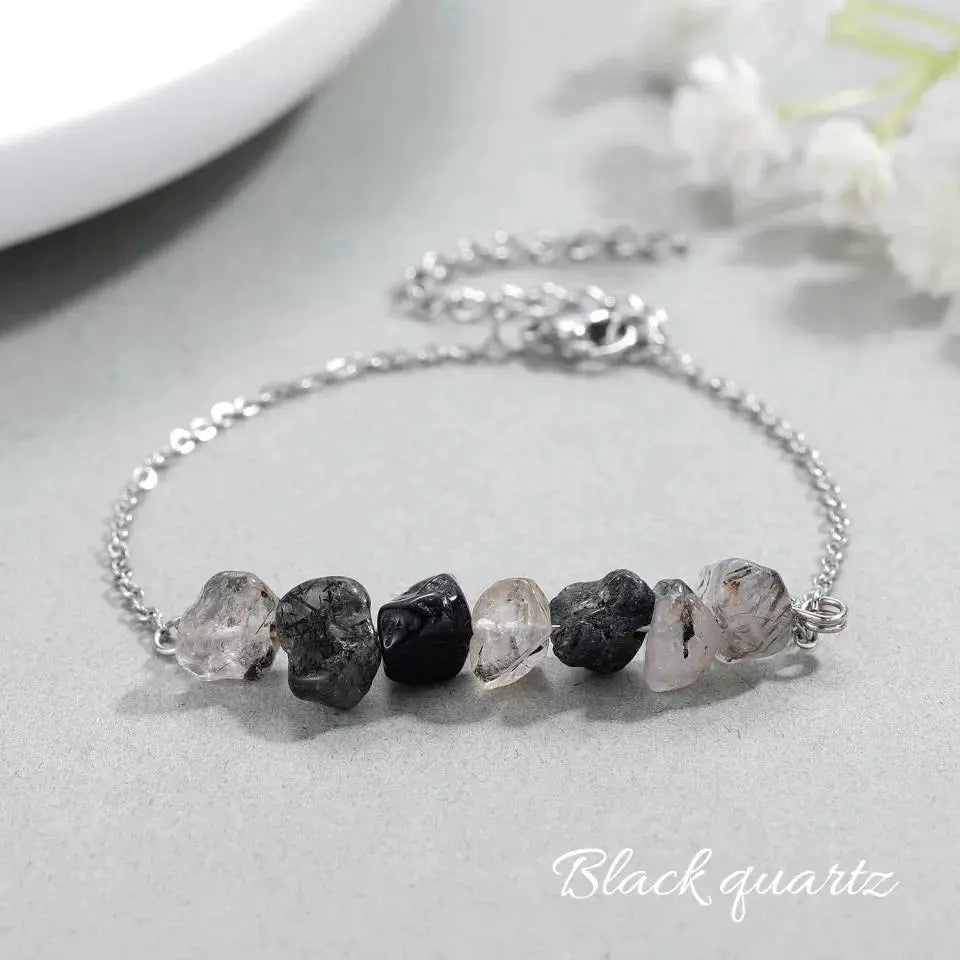 Irregular Chip Black Quartz Gold Silver Bracelet Handmade Spiritual Jewelry Good Luck Spiritual Gift For Women Men's Positive Energy Chakra JettsJewelers