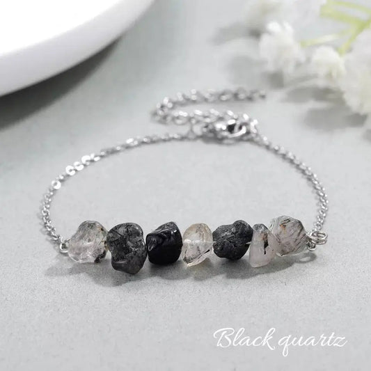 Irregular Chip Black Quartz Gold Silver Bracelet Handmade Spiritual Jewelry Good Luck Spiritual Gift For Women Men's Positive Energy Chakra JettsJewelers