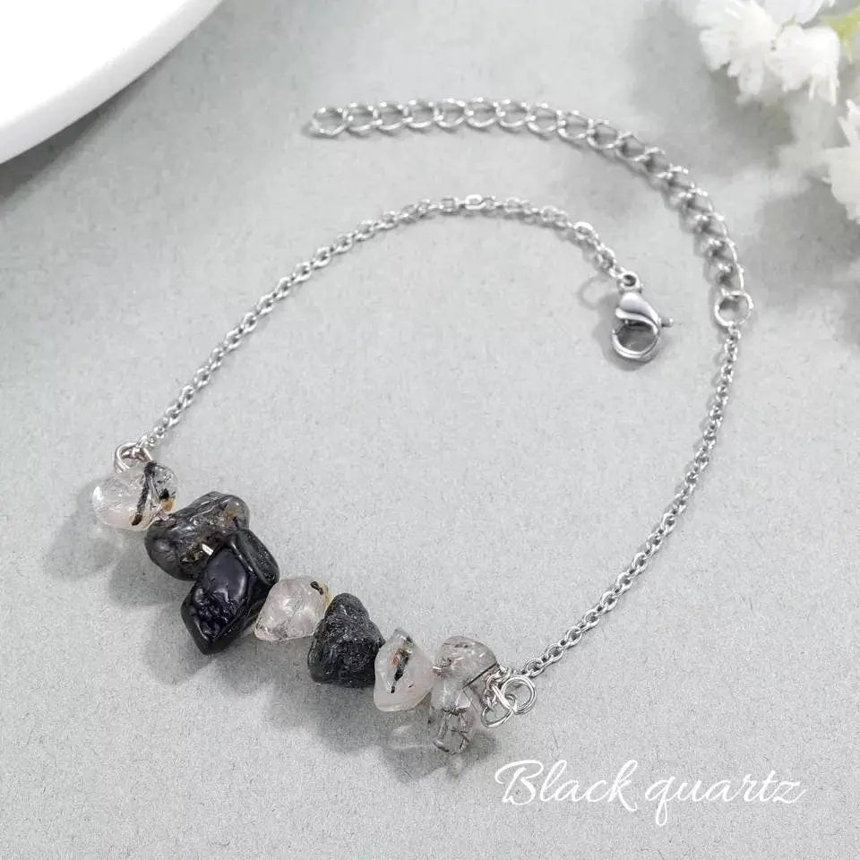 Irregular Chip Black Quartz Gold Silver Bracelet Handmade Spiritual Jewelry Good Luck Spiritual Gift For Women Men's Positive Energy Chakra JettsJewelers