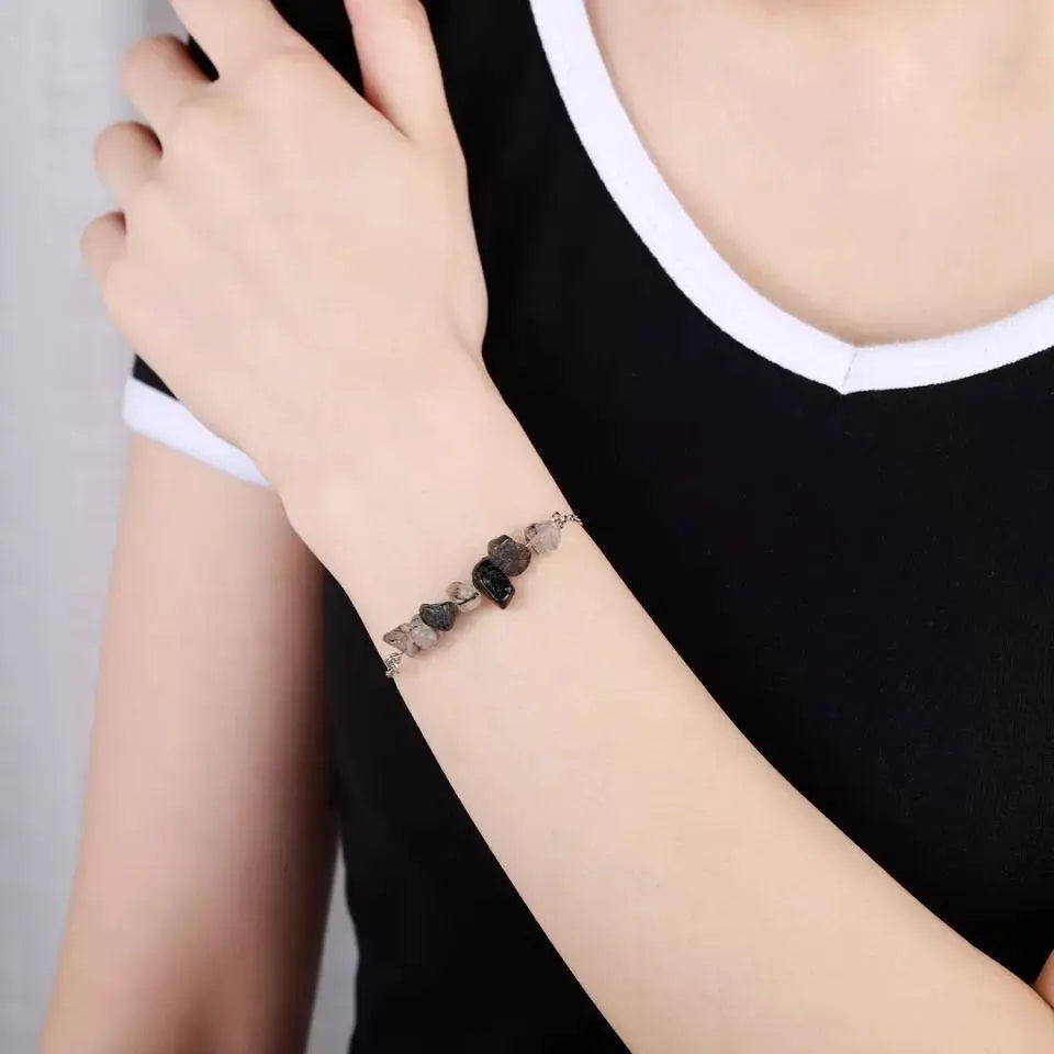 Irregular Chip Black Quartz Gold Silver Bracelet Handmade Spiritual Jewelry Good Luck Spiritual Gift For Women Men's Positive Energy Chakra JettsJewelers