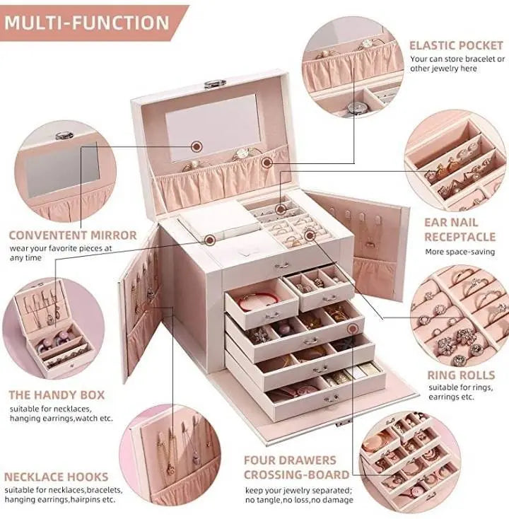 Jewelry Box 5 Layer Organizer Storage Mirror Display case with Lock Leather Large Capacity Portable Set - JettsJewelers