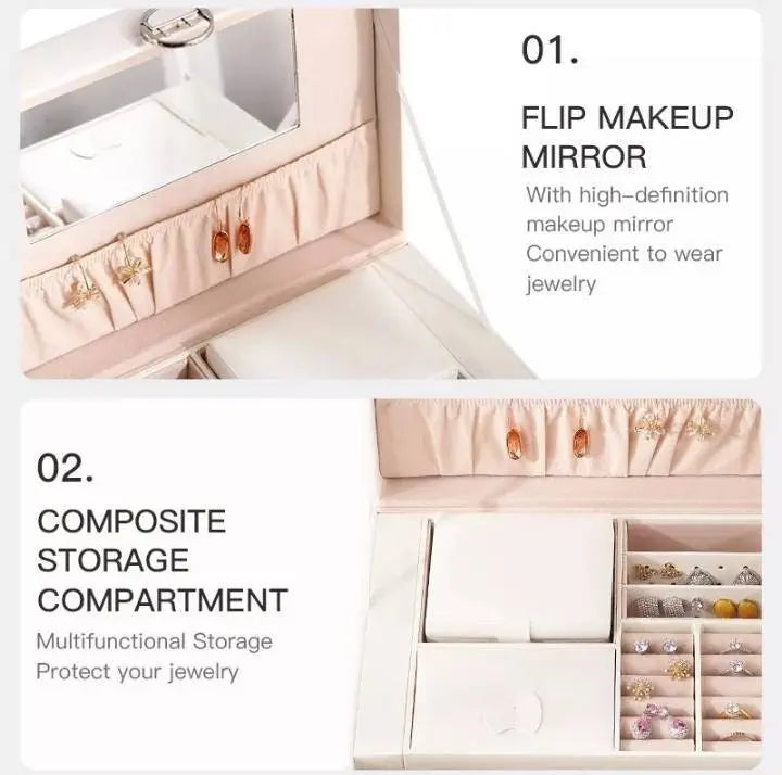Jewelry Box 5 Layer Organizer Storage Mirror Display case with Lock Leather Large Capacity Portable Set - JettsJewelers