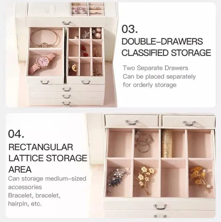 Jewelry Box 5 Layer Organizer Storage Mirror Display case with Lock Leather Large Capacity Portable Set - JettsJewelers