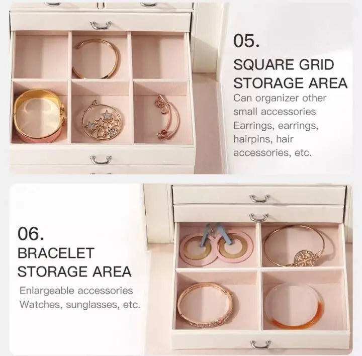 Jewelry Box 5 Layer Organizer Storage Mirror Display case with Lock Leather Large Capacity Portable Set - JettsJewelers