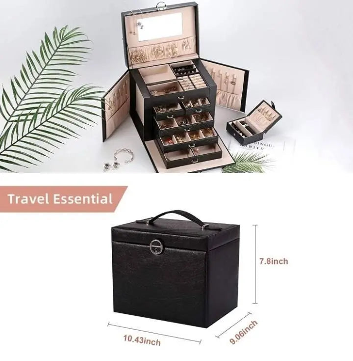 Jewelry Box 5 Layer Organizer Storage Mirror Display case with Lock Leather Large Capacity Portable Set - JettsJewelers
