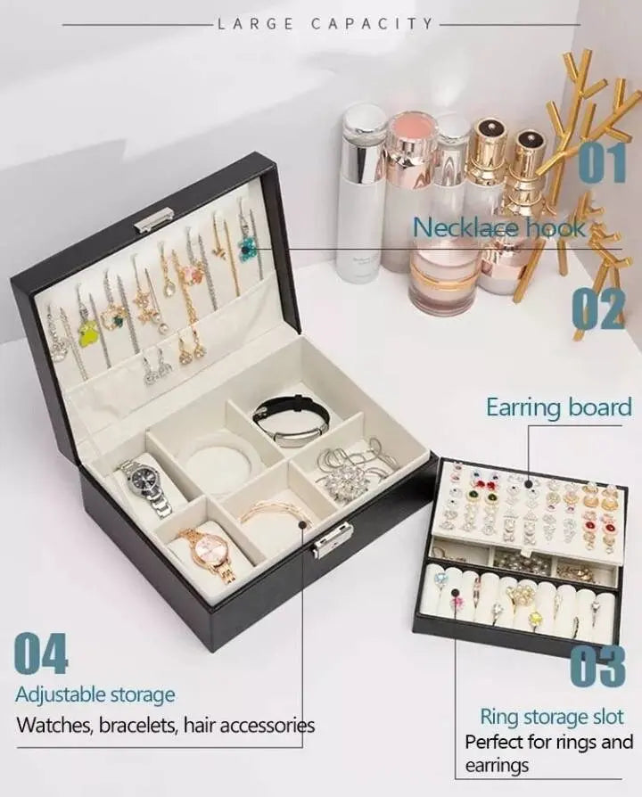 Jewelry Box Organizer with Lock & Travel Jewelry Case, Lift-out Earrings/Rings Tray, Adjustable Compartments for Jewelry Watches, Necklaces - JettsJewelers