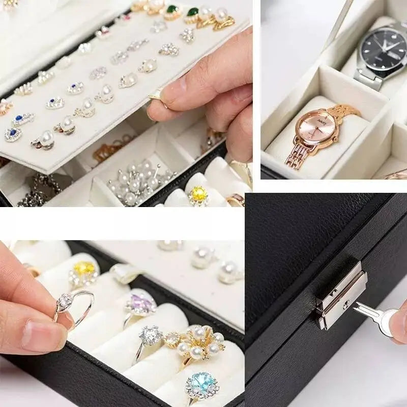 Jewelry Box Organizer with Lock & Travel Jewelry Case, Lift-out Earrings/Rings Tray, Adjustable Compartments for Jewelry Watches, Necklaces - JettsJewelers
