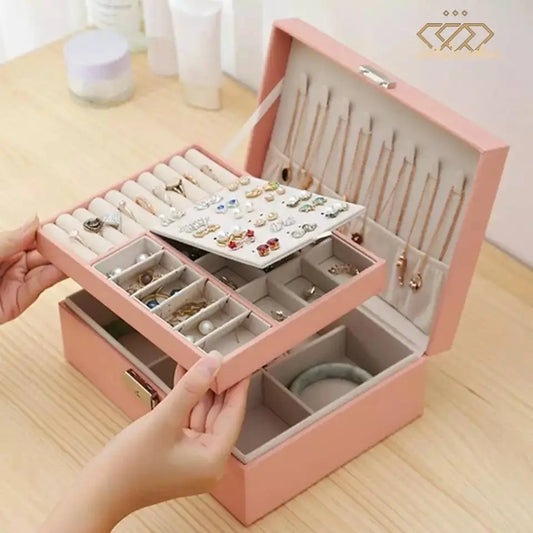Jewelry Box Women Girl Girlfriend Wife Ideal Gift, Large Leather Jewelry Organizer Storage Case with Two Layers - JettsJewelers