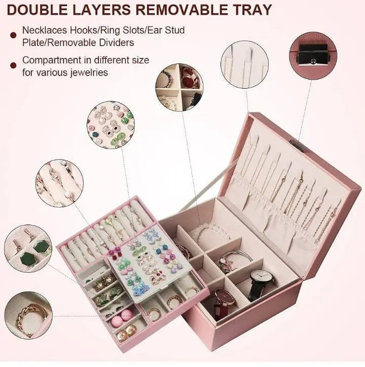 Jewelry Box Women Girl Girlfriend Wife Ideal Gift, Large Leather Jewelry Organizer Storage Case with Two Layers - JettsJewelers
