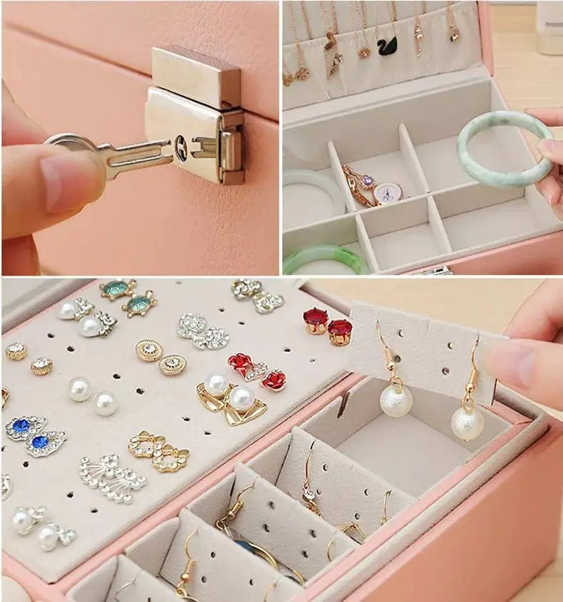 Jewelry Box for Women Girls Girlfriend Wife Ideal Gift, Large Leather Jewelry Organizer Storage Case with Two Layers Display - JettsJewelers