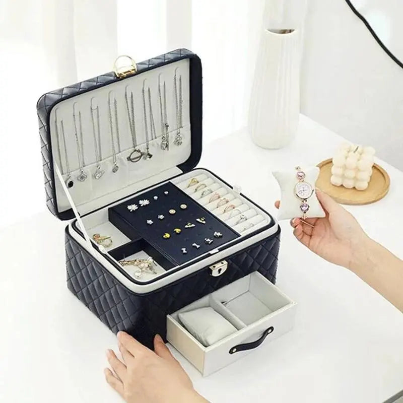 Jewelry Box for Women Girls Girlfriend Wife Ideal Gift, Large PU Leather Jewelry Organizer Storage Case with Three Layers Display Lockable - JettsJewelers