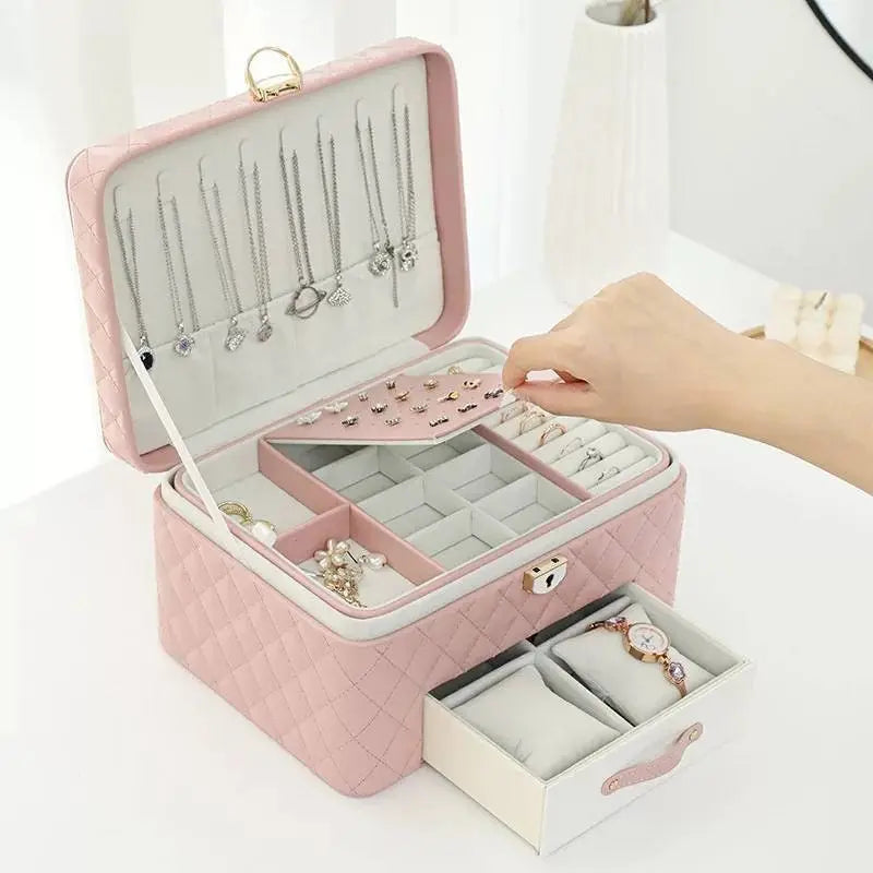 Jewelry Box for Women Girls Girlfriend Wife Ideal Gift, Large PU Leather Jewelry Organizer Storage Case with Three Layers Display Lockable - JettsJewelers