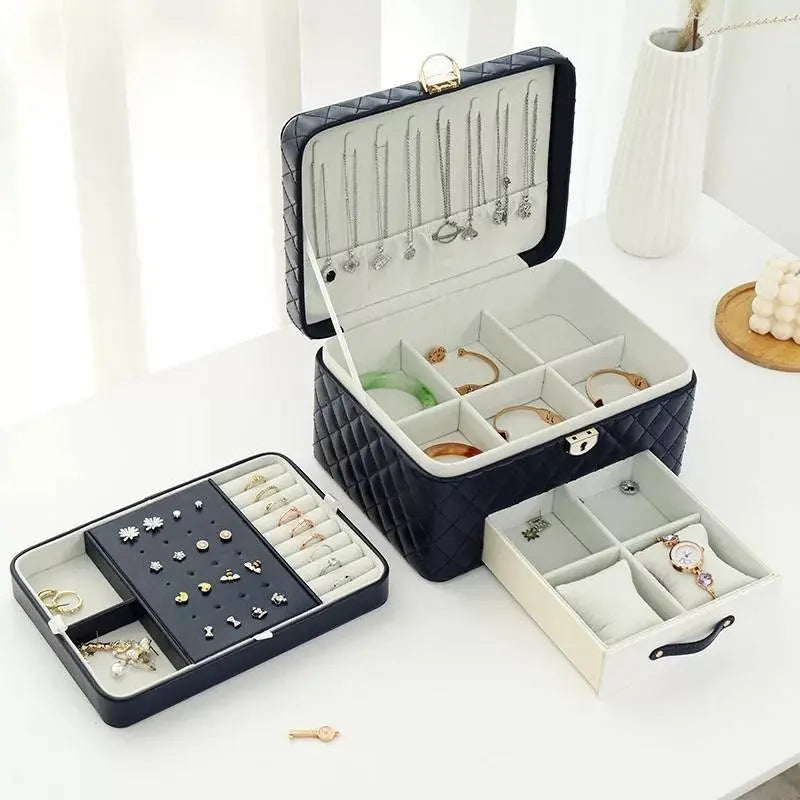 Jewelry Box for Women Girls Girlfriend Wife Ideal Gift, Large PU Leather Jewelry Organizer Storage Case with Three Layers Display Lockable - JettsJewelers