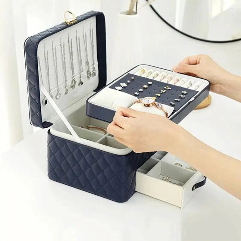 Jewelry Box for Women Girls Girlfriend Wife Ideal Gift, Large PU Leather Jewelry Organizer Storage Case with Three Layers Display Lockable - JettsJewelers