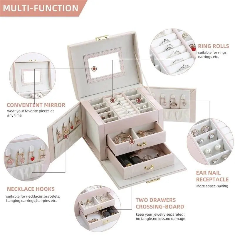 Jewelry Box, Travel Jewelry Case, Compact Jewelry Organizer with 2 Drawers, Mirror, Lockable with Key - JettsJewelers