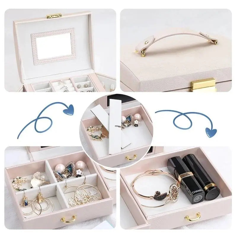Jewelry Box, Travel Jewelry Case, Compact Jewelry Organizer with 2 Drawers, Mirror, Lockable with Key - JettsJewelers