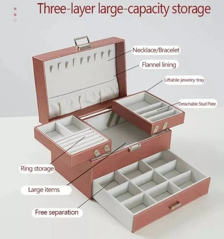 Jewelry Organizer Box 3 Layers Jewelry Organizer for Women Travel Jewelery Case Large Jewelry Organizer Case Portable Earring Case Organizer - JettsJewelers