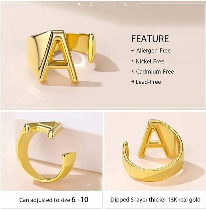Jewelry Personalized 18k Gold Bold Initial Letter Open Ring Adjustable, Women Statement Rings Party, Womens Signet Ring - JettsJewelers
