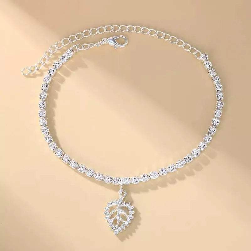 Leaf Rhinestones Anklet Foot Jewelry for Women Beach Barefoot Chain Bracelet On the Leg Accessories Gift - JettsJewelers