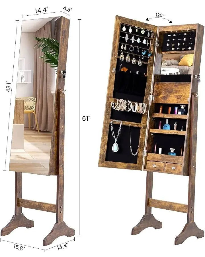 Lockable Jewelry Cabinet, Standing Jewelry Armoire with 6 LED Interior Lights, 3 Angle Adjustments, Full-Length Mirror Jewelry Box for Woman - JettsJewelers