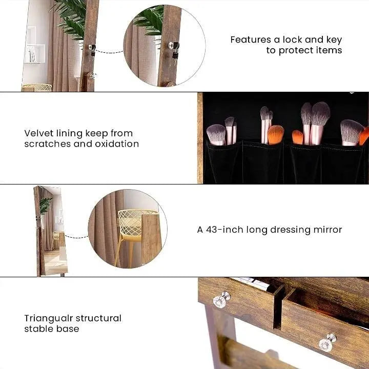 Lockable Jewelry Cabinet, Standing Jewelry Armoire with 6 LED Interior Lights, 3 Angle Adjustments, Full-Length Mirror Jewelry Box for Woman - JettsJewelers