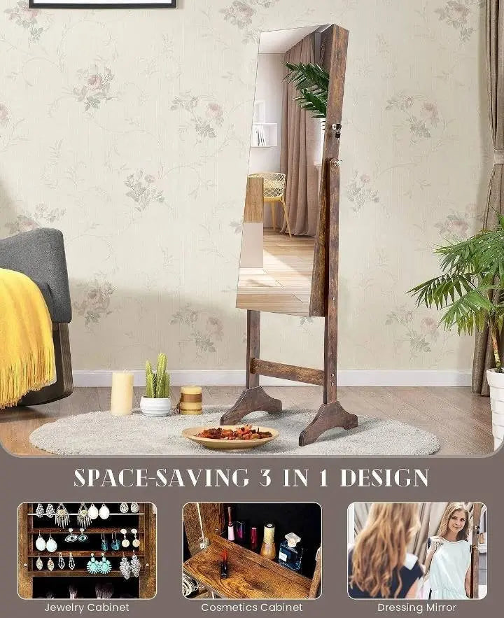 Lockable Jewelry Cabinet, Standing Jewelry Armoire with 6 LED Interior Lights, 3 Angle Adjustments, Full-Length Mirror Jewelry Box for Woman - JettsJewelers