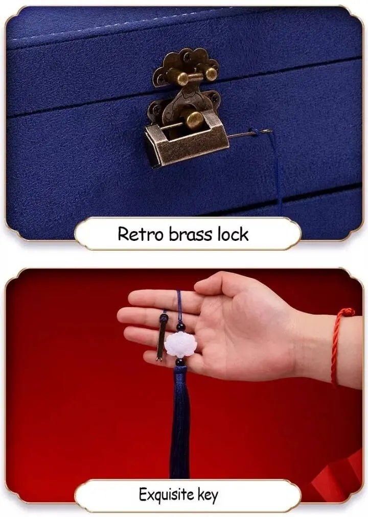 Lockable Jewelry Organizer 3 Layers Velvet Square Jewelry Box for Woman Necklace Ear Rings Studs Display Bangles Large Jewelry Storage Case - JettsJewelers