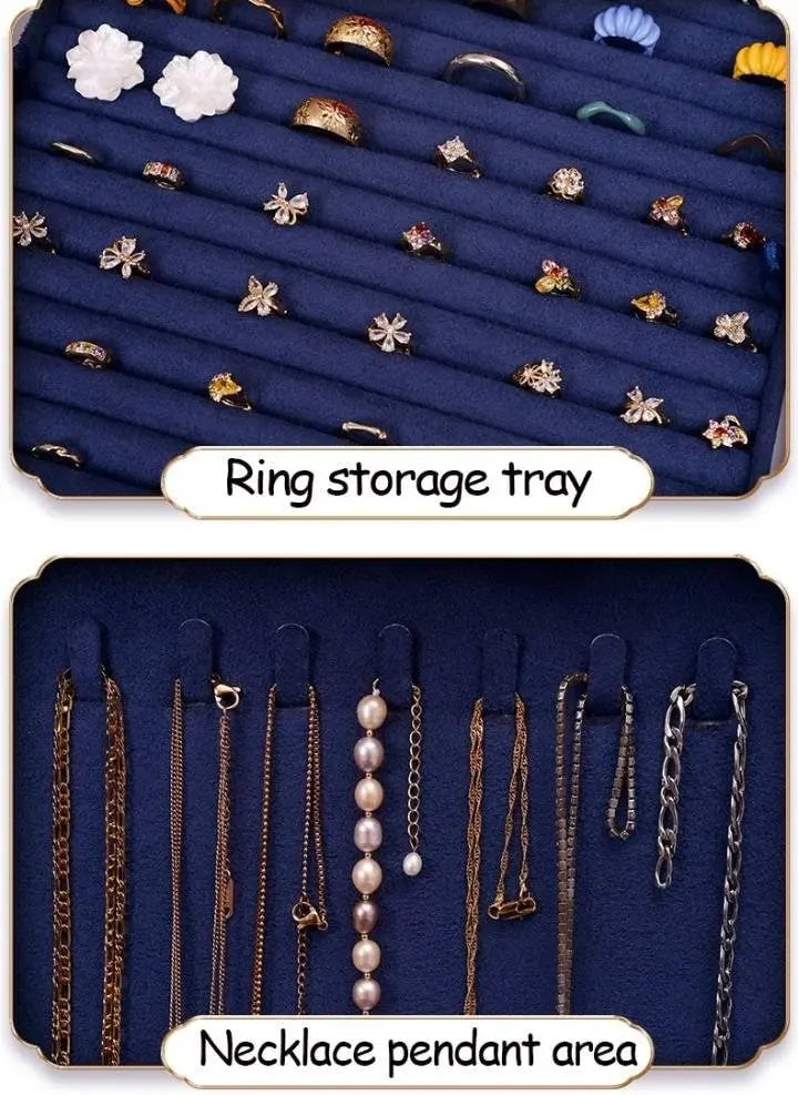 Lockable Jewelry Organizer 3 Layers Velvet Square Jewelry Box for Woman Necklace Ear Rings Studs Display Bangles Large Jewelry Storage Case - JettsJewelers