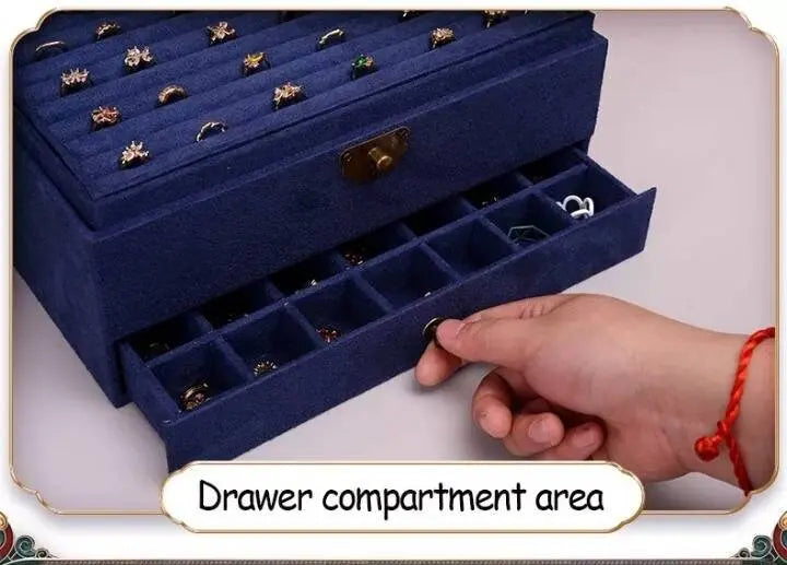 Lockable Jewelry Organizer 3 Layers Velvet Square Jewelry Box for Woman Necklace Ear Rings Studs Display Bangles Large Jewelry Storage Case - JettsJewelers