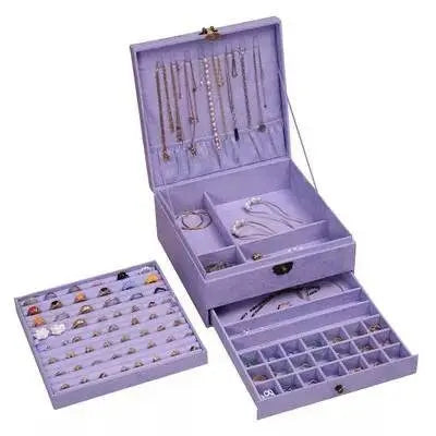 Lockable Jewelry Organizer 3 Layers Velvet Square Jewelry Box for Woman Necklace Ear Rings Studs Display Bangles Large Jewelry Storage Case - JettsJewelers