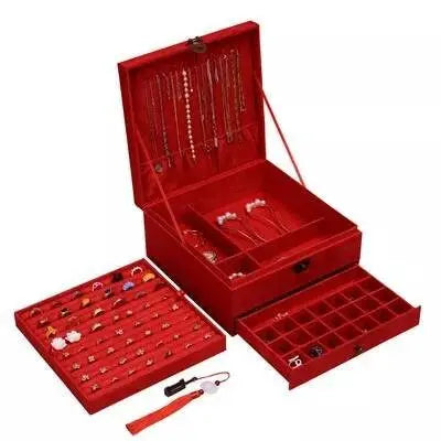 Lockable Jewelry Organizer 3 Layers Velvet Square Jewelry Box for Woman Necklace Ear Rings Studs Display Bangles Large Jewelry Storage Case - JettsJewelers