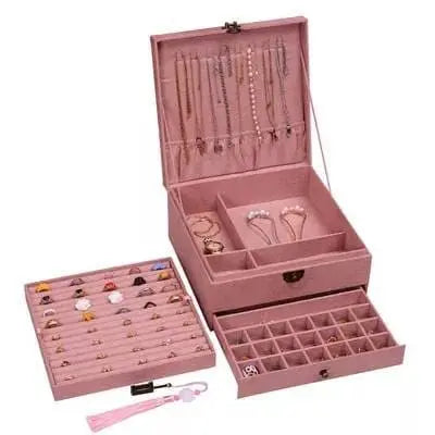 Lockable Jewelry Organizer 3 Layers Velvet Square Jewelry Box for Woman Necklace Ear Rings Studs Display Bangles Large Jewelry Storage Case - JettsJewelers