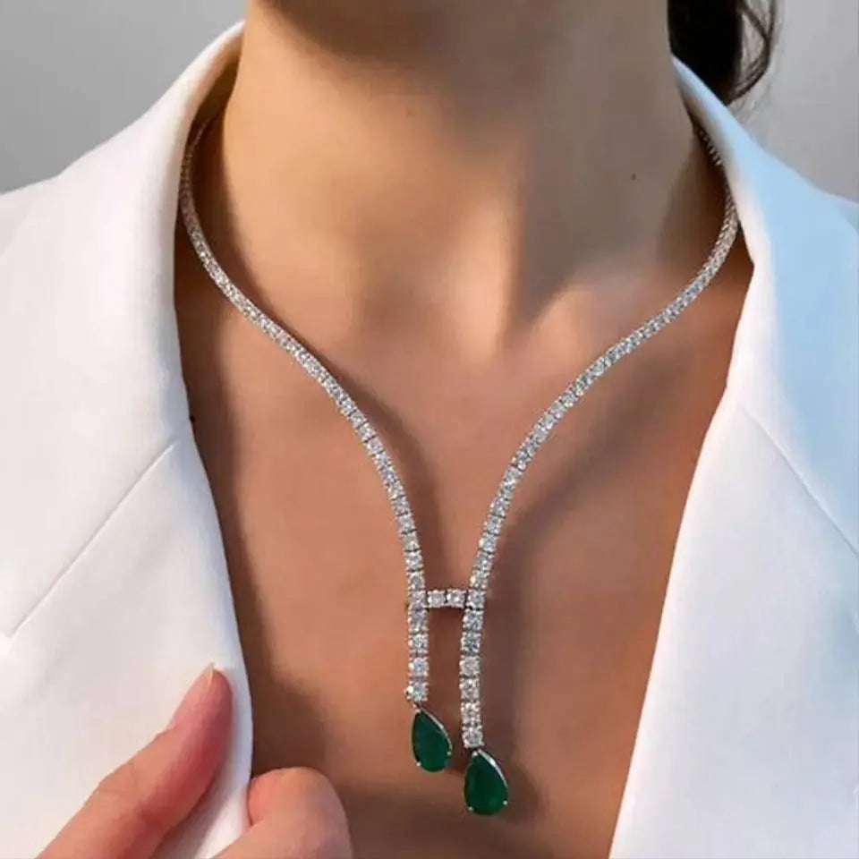 Luxury Vintage Zircon Green Choker Gold and Silver Necklace Tassel Collar Necklace JettsJewelers