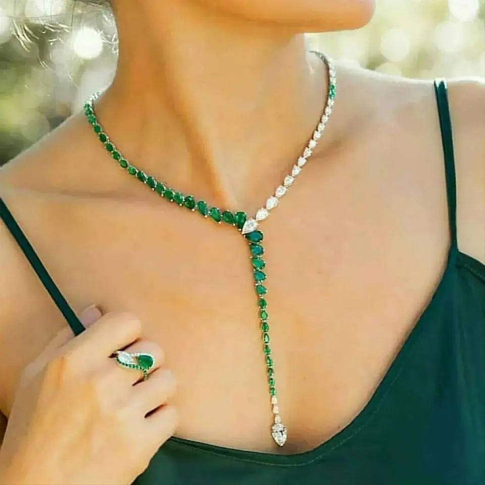 Luxury Zircon Green Choker Gold and Silver Necklace Y Crystal Collar Necklace JettsJewelers