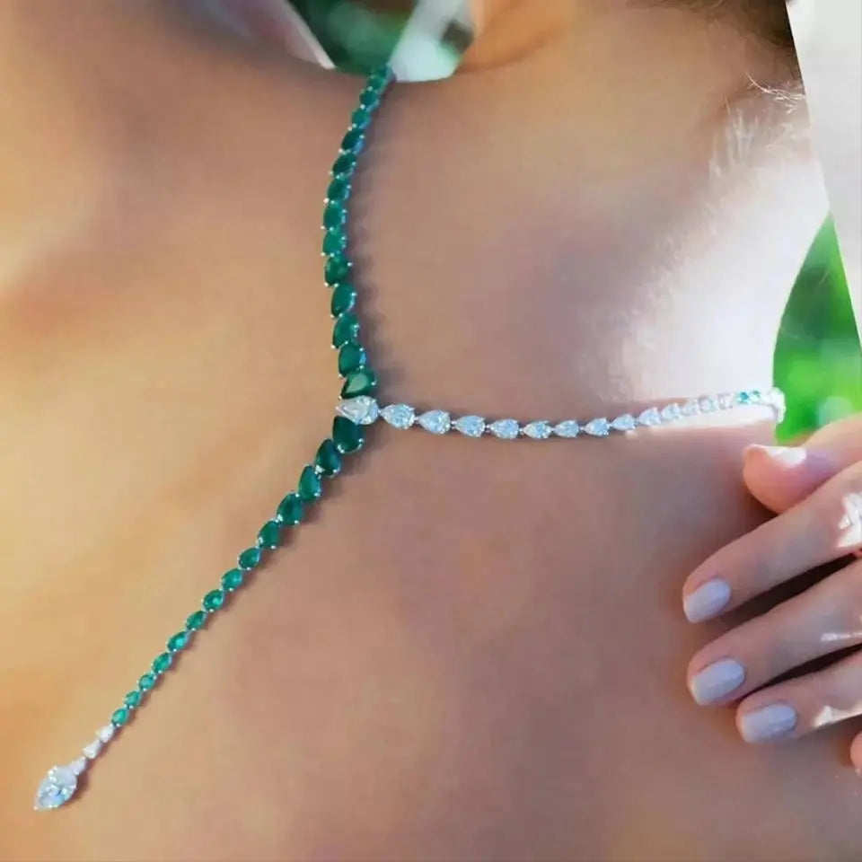 Luxury Zircon Green Choker Gold and Silver Necklace Y Crystal Collar Necklace JettsJewelers
