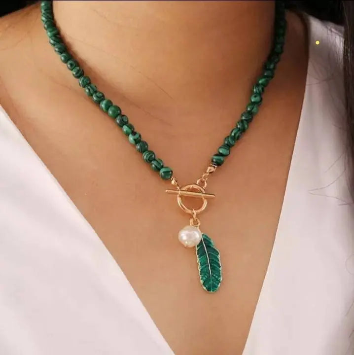 Malachite Beads Green Leaf Pearl Necklace for Women Fashion Personality Metal Buckle Choker Jewelry with Bracelet JettsJewelers
