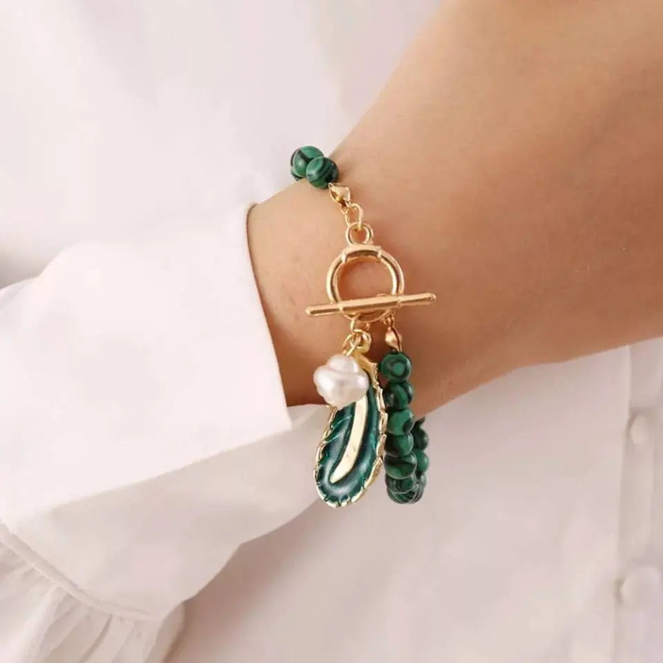 Malachite Beads Green Leaf Pearl Necklace for Women Fashion Personality Metal Buckle Choker Jewelry with Bracelet JettsJewelers