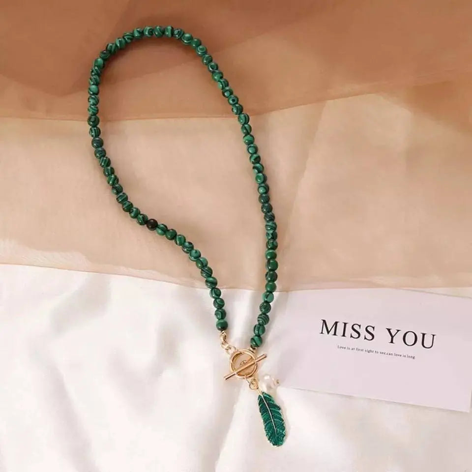 Malachite Beads Green Leaf Pearl Necklace for Women Fashion Personality Metal Buckle Choker Jewelry with Bracelet JettsJewelers