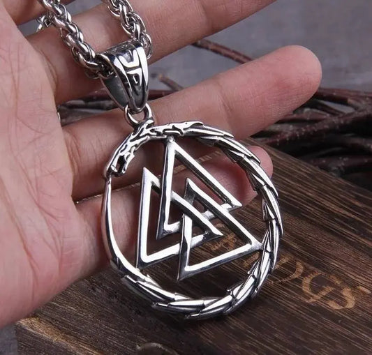 Men Stainless steel Viking Valknut Amulet dragon Pendant Necklace Ouroboros Nordic - JettsJewelers
