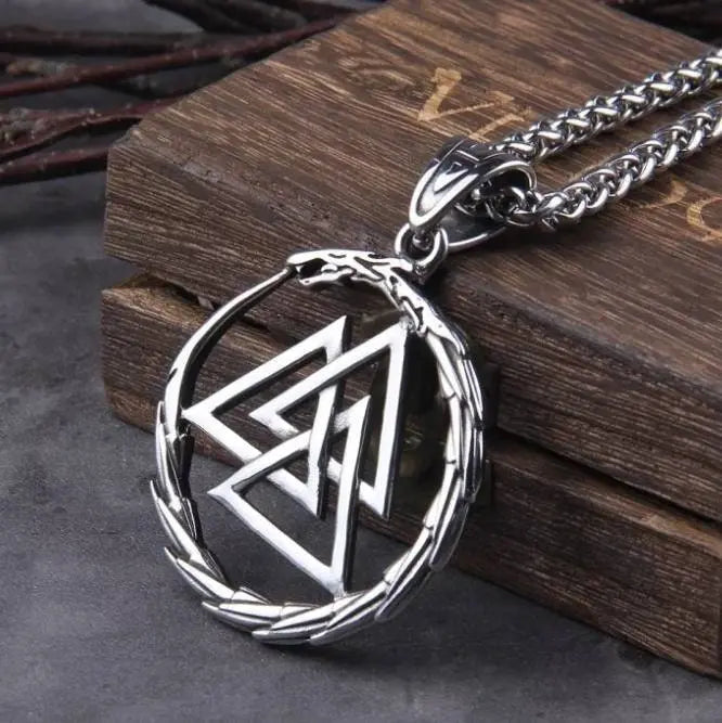 Men Stainless steel Viking Valknut Amulet dragon Pendant Necklace Ouroboros Nordic - JettsJewelers
