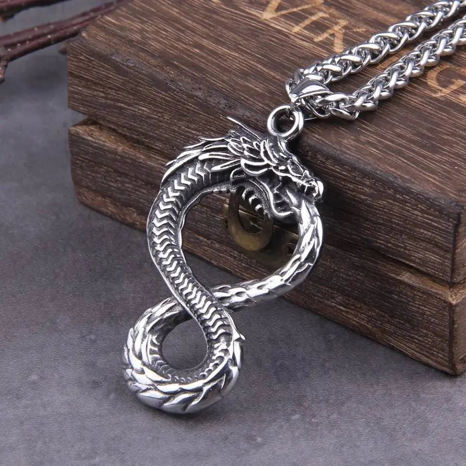 Men Stainless steel Viking Valknut Amulet dragon Pendant Necklace Ouroboros Nordic - JettsJewelers